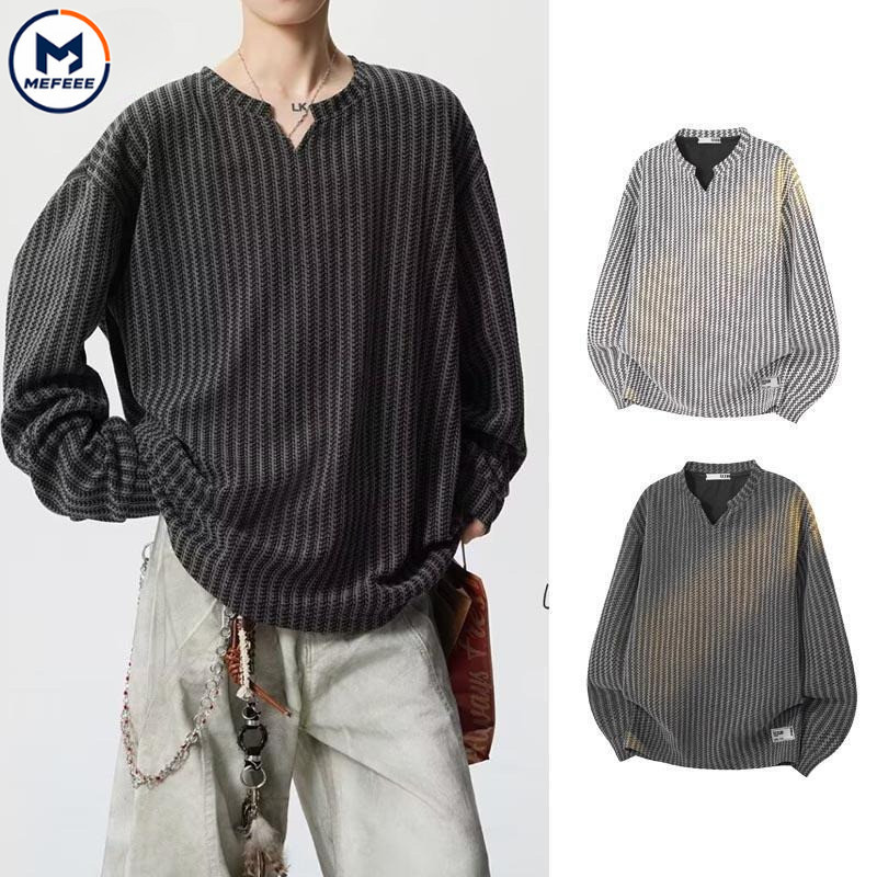 MEFEEE คอวี Chenille Herringbone เสื้อกันหนาวขนาดใหญ่ผู้ชายแขนยาวเสื้อลําลอง Streetwear Plus ขนาดสีดําสีเทา Beige M-5XL