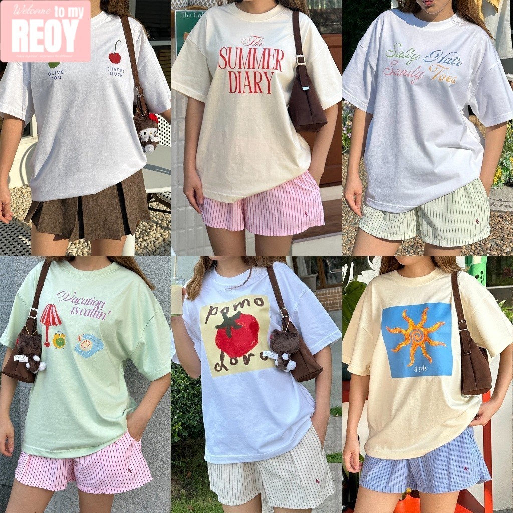 (จัดส่งภายใน 24 ชั่วโมง)REOY_STUDIO เสื้อยืด oversize - เสื้อยืดแขนสั้นพิมพ์ผลไม้ฤดูร้อนที่เรียบง่าย