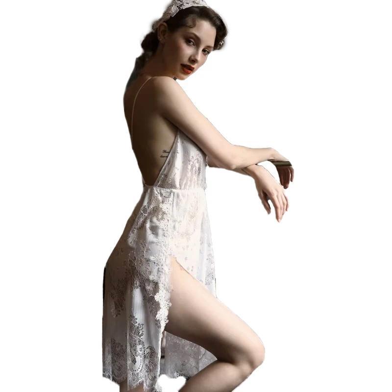 N2Green Floral Lace Pajamas for Women Transparent Low-Cut Deep V Backless Sleepwear Lingerie Spaghet