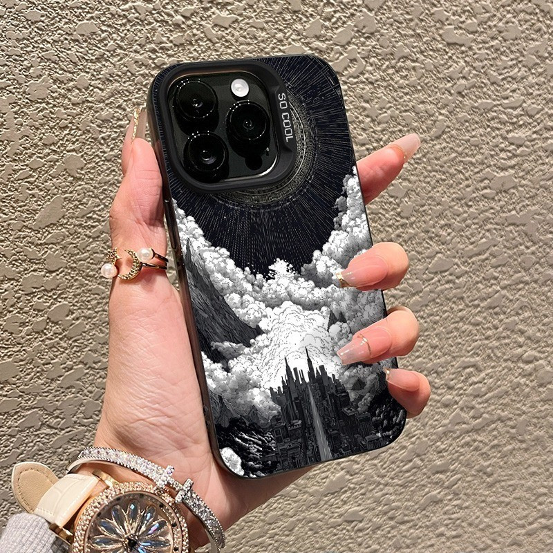 โปร่งใสโปร่งใสโปร่งใสสีดําเคสโทรศัพท์ป้องกันรอยขีดข่วน Retro High Street Sky View สีเหมาะสําหรับ iPhone 14PROMAX 7/8PLUS 15PROMAX 11 12 13 16 17 PROMAX XR XS MAX 16PLUS
