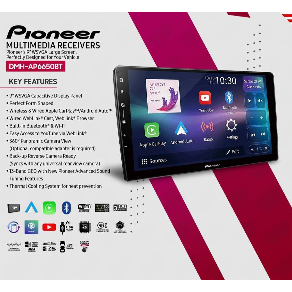 PIONEER DMH-AP6650BT (ไม่ใช่จอ Android) วิทยุติดรถยนต์ ขนาดจอ 9นิ้ว รองรับ AppleCarPlay / Android Au