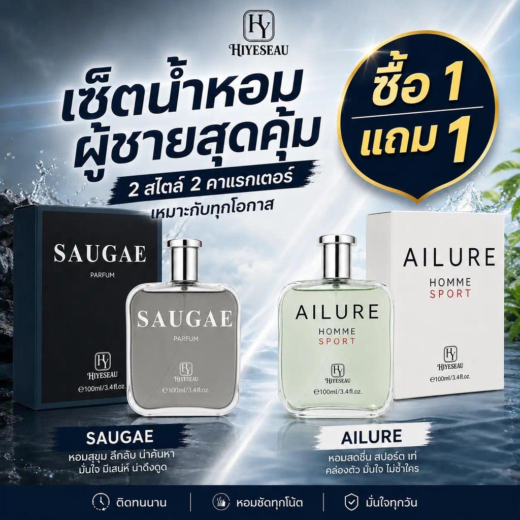 HIYESEAU น้ำหอมผู้ชาย SAUGAE + AILURE เซตคู่ 2 กลิ่น 100ml x2 Eau de Parfum สำหรับทำงาน เดต เดินทาง 