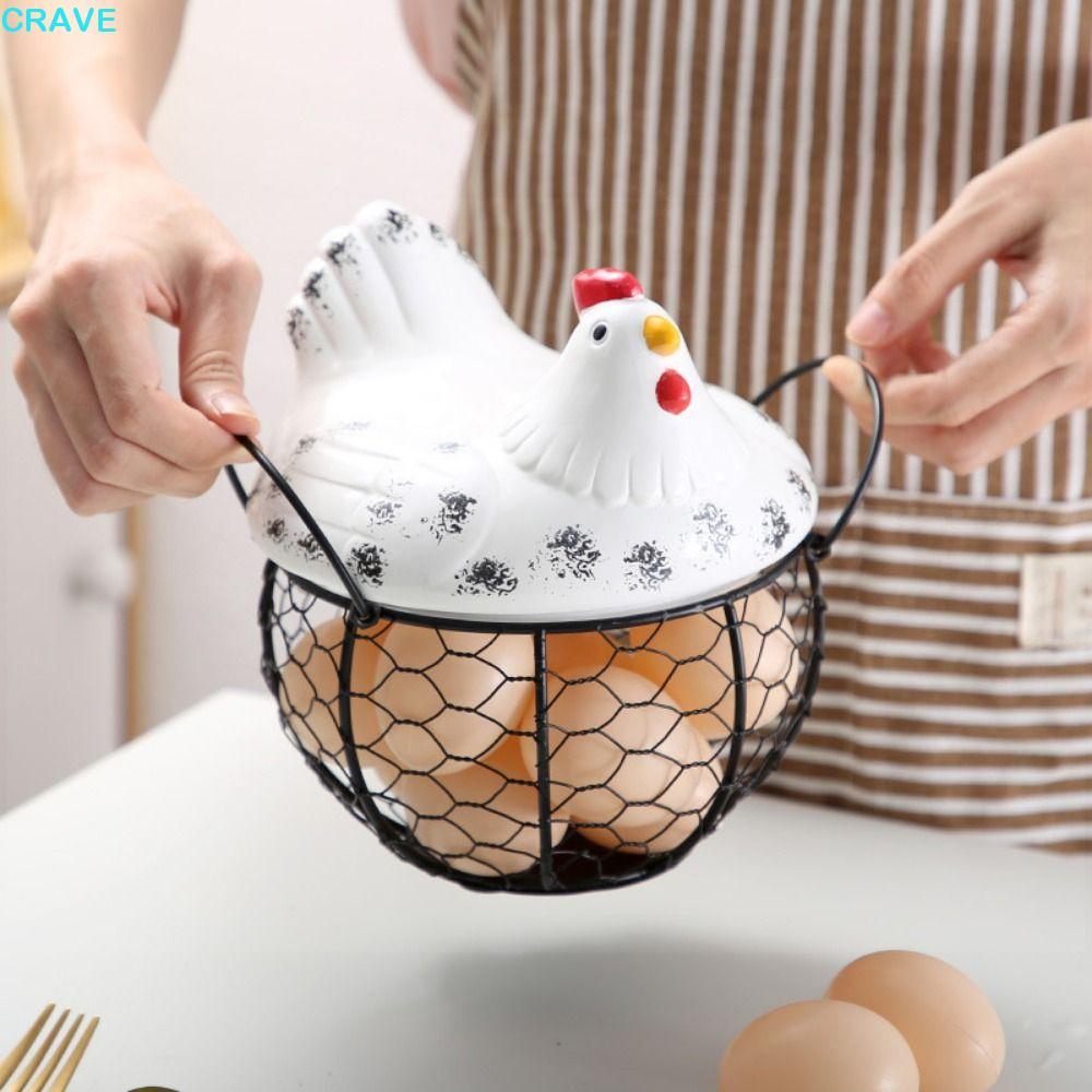 CRAVE Hen Egg Basket, Wrought Iron Cute Hollow Egg Container, Creative With Cover Rustic Chicken Sto