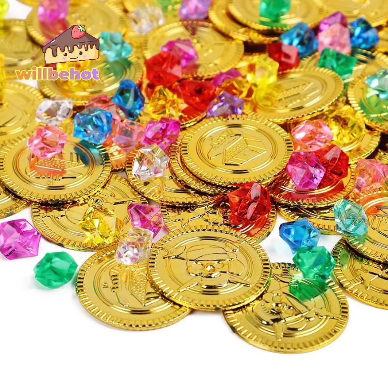 [Willbehot-t] ชุดเหรียญทองโจรสลัดปลอม 50 เหรียญ 20 อัญมณีเหมาะสําหรับอุปกรณ์ประกอบฉากเกมสมบัติฮาโลวี