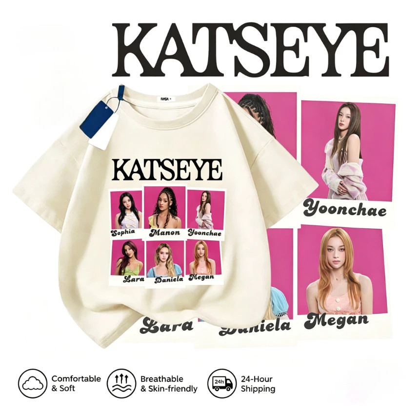 kids t-shirt เสื้อยืดเด็ก COD ลายแมว kpop katseye เสื้อผ้าเด็กผู้หญิงลายสไตล์พิมพ์ คอกลมแขนสั้น 1-12