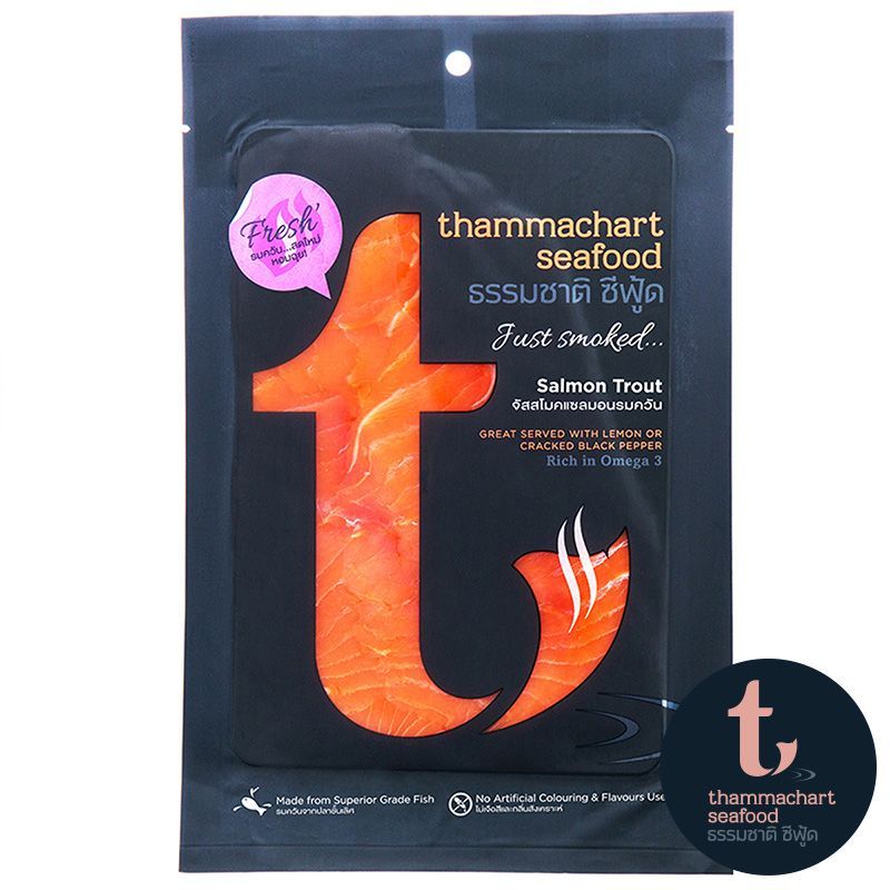 ธรรมชาติจัสสโมคแซลมอนรมควัน 80กรัม Thammachart Just Smoked Salmon 80g. [หมายเลขบาร์โค้ด 8858781400258 ]