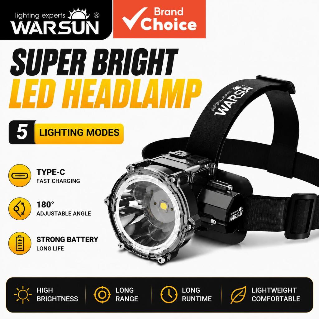 WARSUN WE01 ไฟหน้า LED ชาร์จซ้ําได้ แบตเตอรี่ 6000mAh USB สําหรับตกปลา เดินป่า