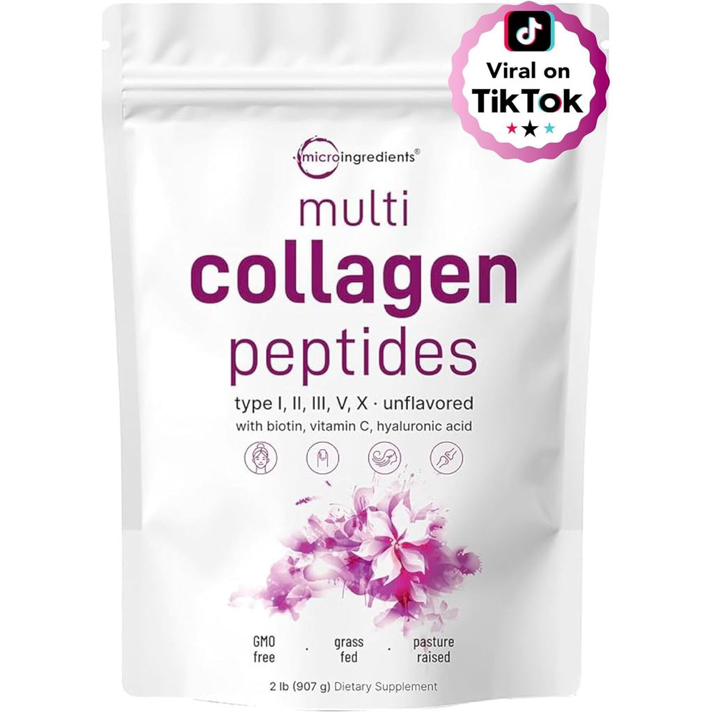 Micro Ingrated Multi Collagen Peptides Powder, 2lb – Hydrolyzed Type I,II,III,V,X with Biotin, Hyalu