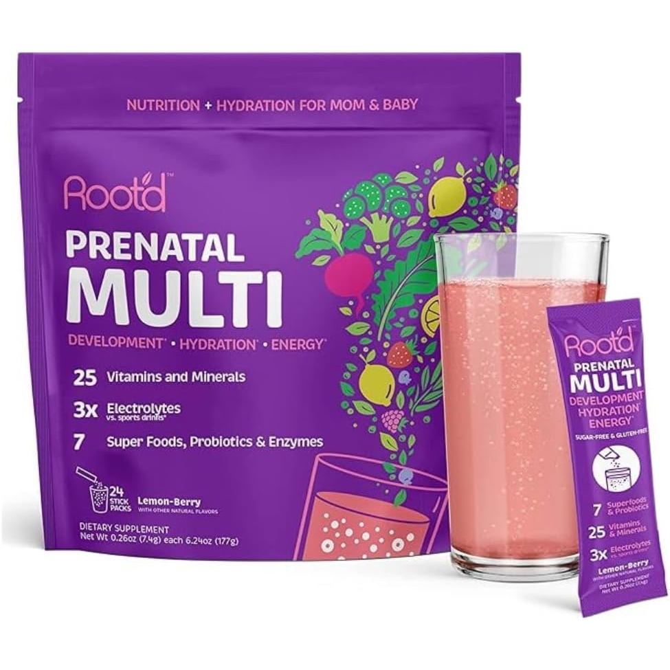 Root'd Prenatal Multivitamin Powder with 3X Electrolytes - 25 Vitamins & Minerals, Folate, Iron, Vit
