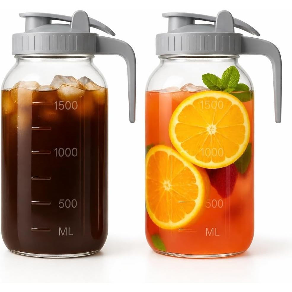 2Pack-64ozGlassPitcherwithLidWideMouth,2Quart(1.9Liter)MasonJarPitcherwithLidandSpout,LeakproofWater