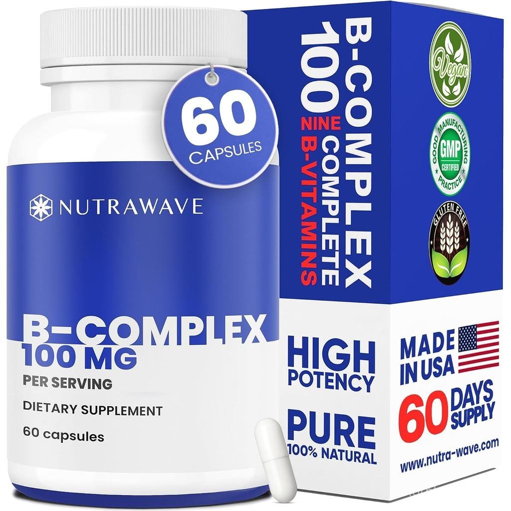 Nutra Wave Super B Complex วิตามินสําหรับผู้หญิงและผู้ชาย, B1 B2 B3 B5 B6 B7 B9 B12 พร้อม Choline & 