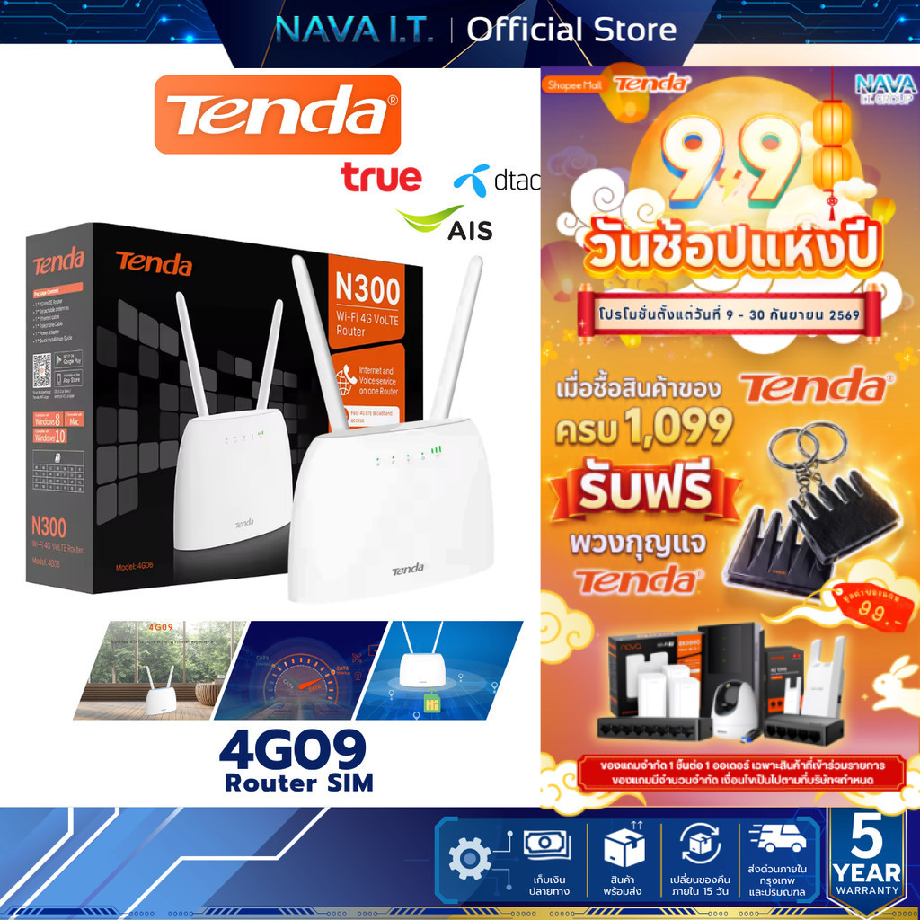 TENDA 4G09 เราเตอร์ใส่ซิม AC1200 Wireless Dual Band 4G+ CAT6 Router Wifi รองรับ 4G ทุกเครือข่าย