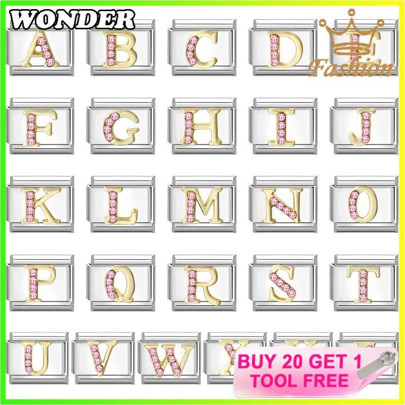 26 ตัวอักษรเพชรสีชมพูสร้อยข้อมือ Charm อิตาเลี่ยน Fit 9 มม.สร้อยข้อมือสแตนเลสเครื่องประดับทําอุปกรณ์ DIY Retro บุคลิกภาพโมดูลสร้อยข้อมือ