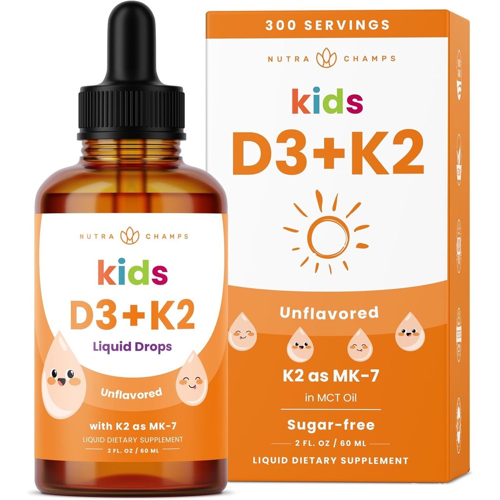 NutraChamps เด็ก วิตามิน D 3 K2 หยด, วิตามิน D3 & K2 MK-7, ชนิดน้ำ วิตามิน D สำหรับเด็ก 1000 IU, สุข