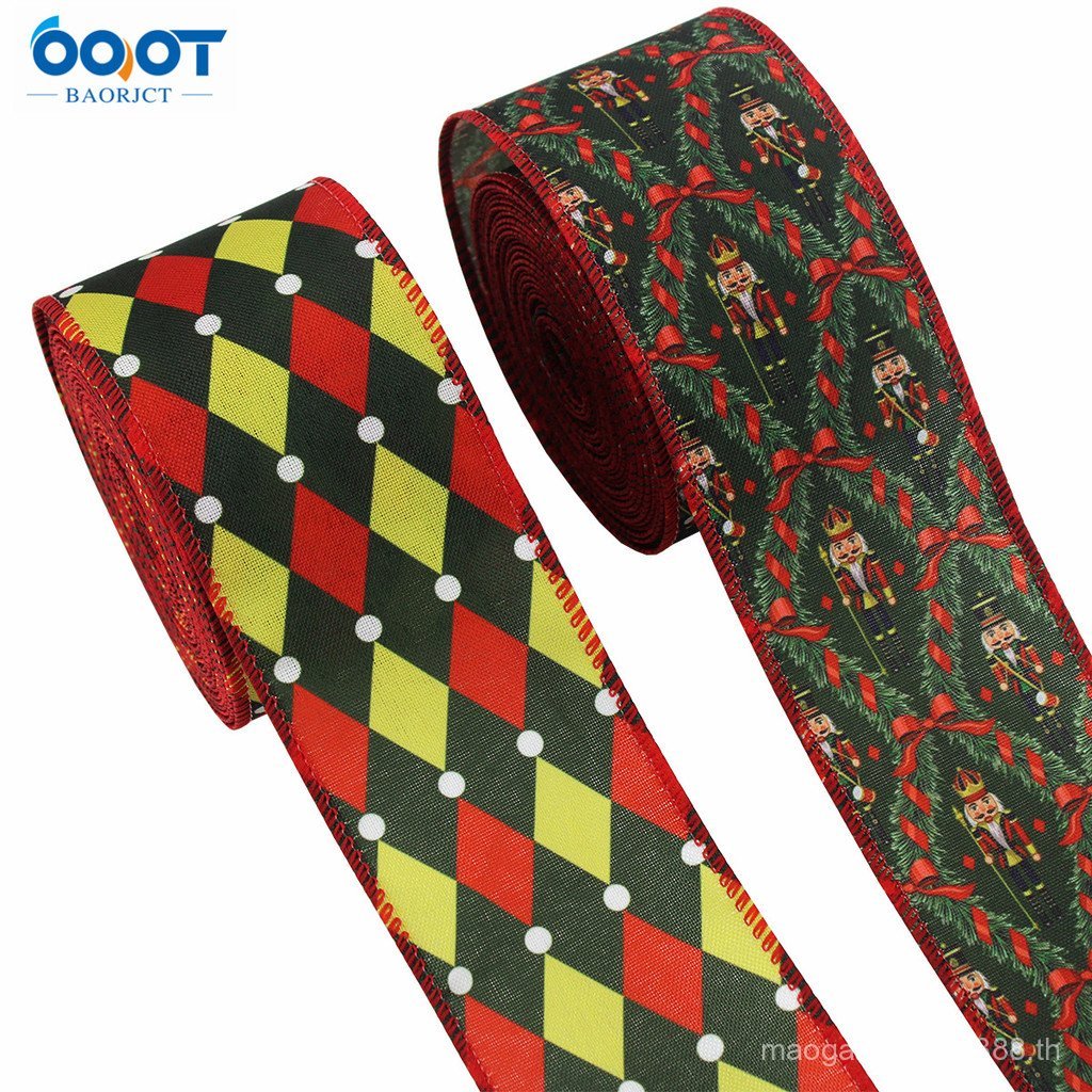 GQ8X [1y = 0.9m] 6.3 ซม.ขอบลวดคริสต์มาสริบบิ้น Nutcracker Garland เพชรตารางริบบิ้นวันหยุดกล่องของขวั