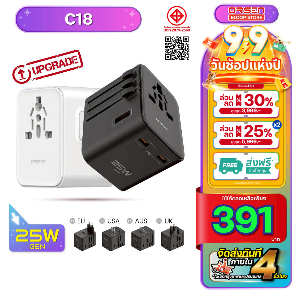 [199บ. โค้ดคุ้ม] Orsen Eloop Store หัวชาร์จ C6 C10 C12 C16 C18 GaN หัวชาร์จเร็ว PD สูงสุด 65W
