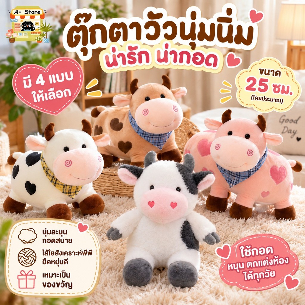 ตุ๊กตาวัวนมแก้มน่ารัก ตุ๊กตานั่งนุ่มฟู ไส้ใยสังเคราะห์พีพี ใช้กอด หนุน ตกแต่งเตียง ของขวัญน่ารัก