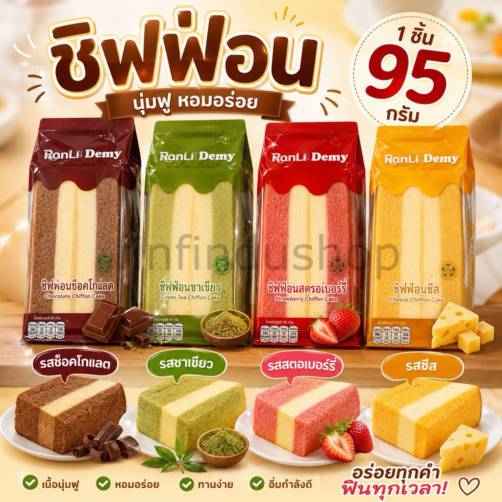 ชิฟฟ่อน รสชีส ชาเขียว ช็อคโกแลต สตอเบอรี่ 1ชิ้น 95 กรัม