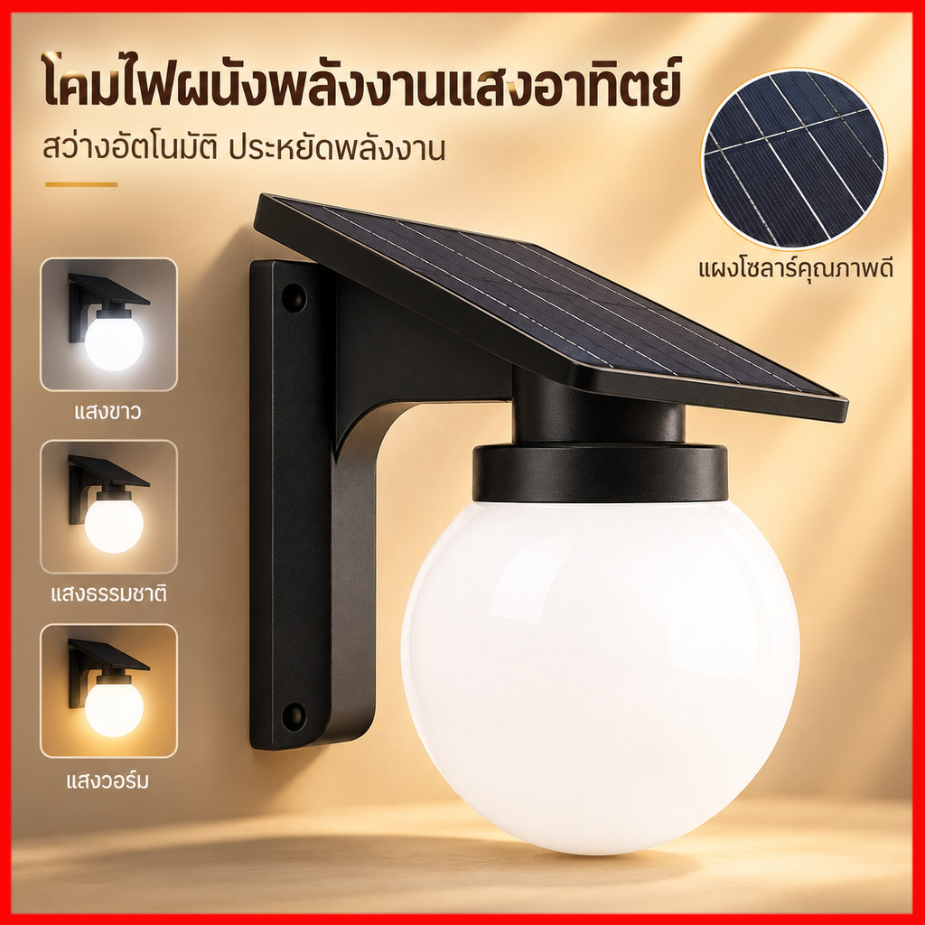 ⚡พร้อมส่งจากไทย⚡ โคมไฟโซลาร์เซลล์ ติดผนังอัตโนมัติ ประหยัดไฟ 100% สำหรับภายนอก  กันน้ำ IP65