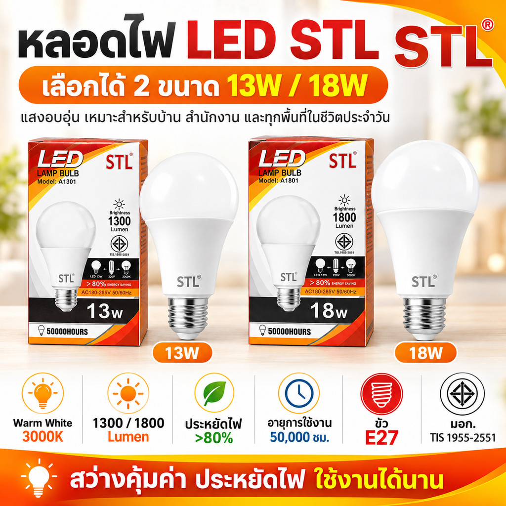 STL หลอดไฟ LED E27 13W 18W Warm White 3000K หลอดไฟวอร์มไวท์ 1300/1800LM ขั้วเกลียว รุ่น A1301 A1801