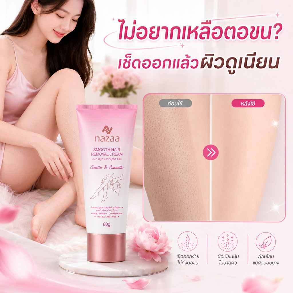NAZAA Hair Removal Cream ครีมกำจัดขน ครีมกำจัดขนรักแร้ แขน ขา สูตรอ่อนโยน ผิวเรียบเนียน ใช้เวลา 5–10 นาที 60g