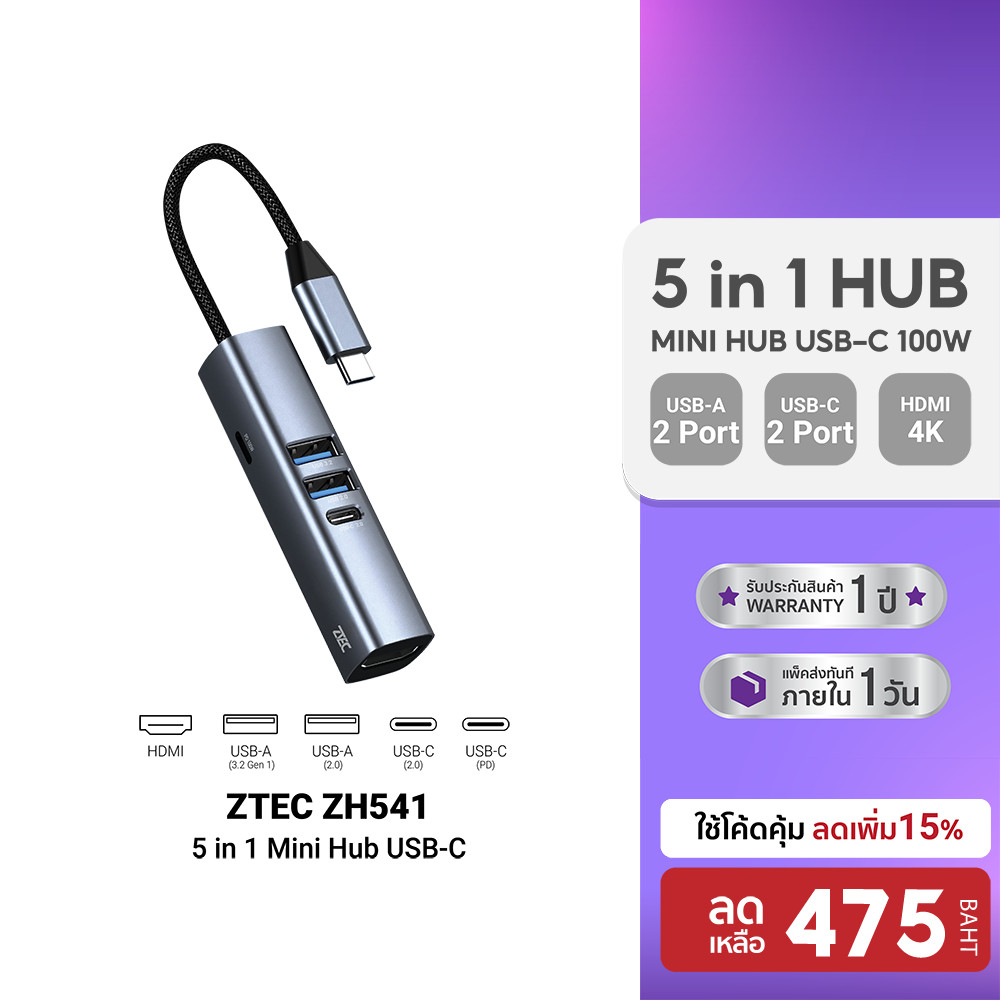 ZTEC ZH541 5 in 1 Mini Hub USB-C 100W , HDMI 4K ,USB-A 3.2 Gen 1 5Gbps ขนาดเล็ก พกพาสะดวก -1Y