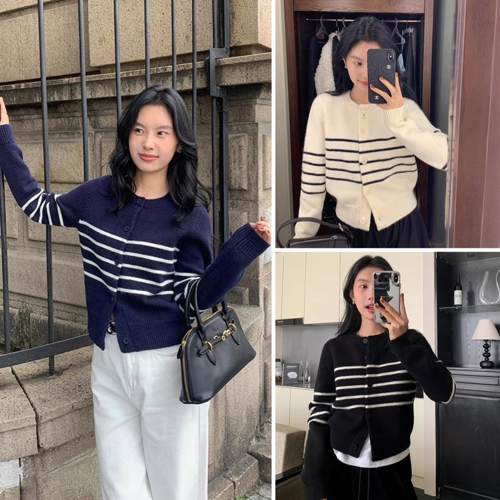 Chili Koko เสื้อสเวตเตอร์แขนยาวลายทางสำหรับผู้หญิงในฤดูใบไม้ร่วงและฤดูหนาว ทรงหลวมและเข้ารูป เสื้อคอกลม N109