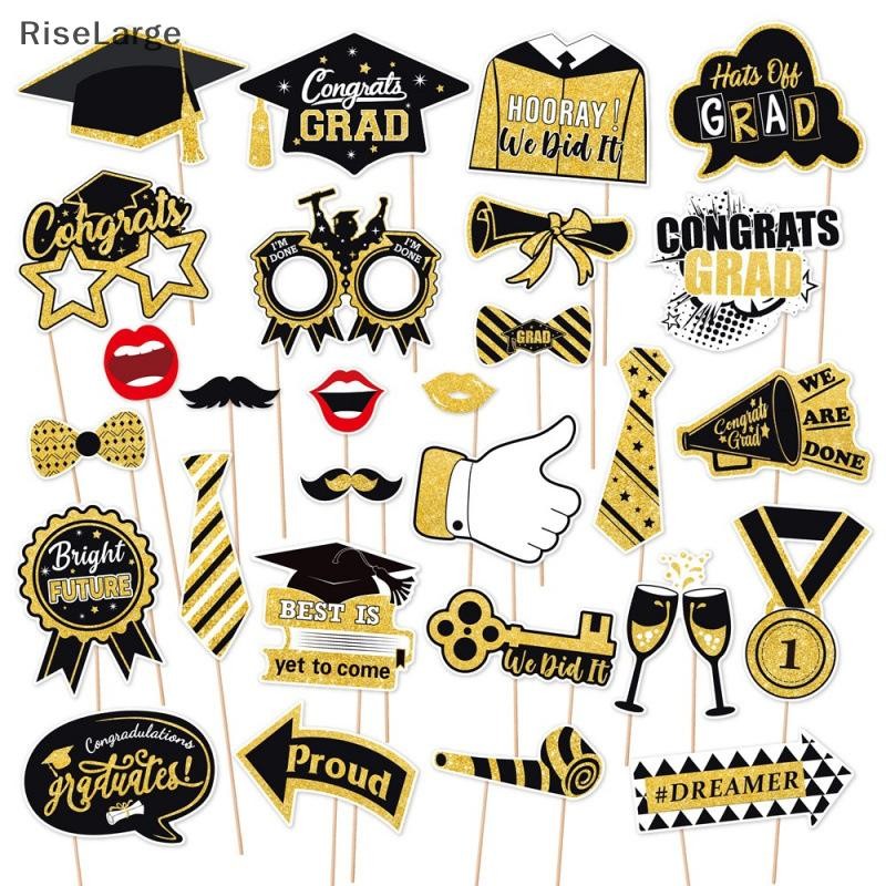 [RiseLarge] 28 ชิ้น Graduation Photo Booth Props Kit, DIY ตกแต่งการถ่ายภาพสําเร็จการศึกษา Party Pose