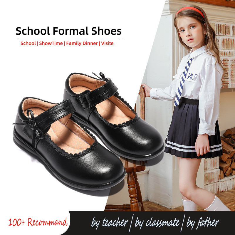 [แบรนด์]เด็กผู้หญิงสีดํารองเท้านักเรียนหนังพื้นนิ่มรองเท้าเจ้าหญิงสไตล์อังกฤษสําหรับเด็ก