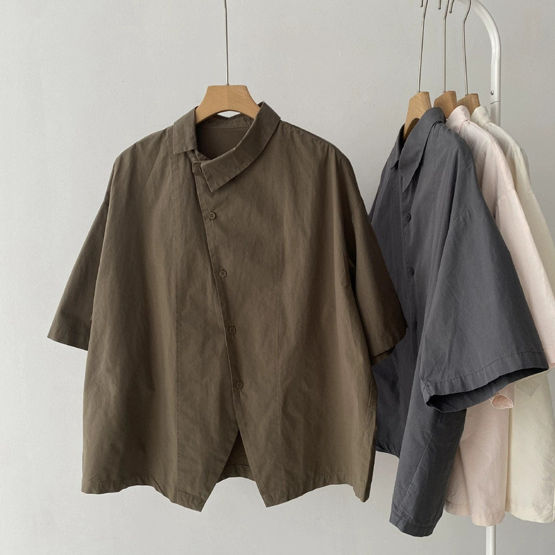 All-Match Lapel Short-Sleeved Womens Shirt Casual Simple Solid Color Loose Top