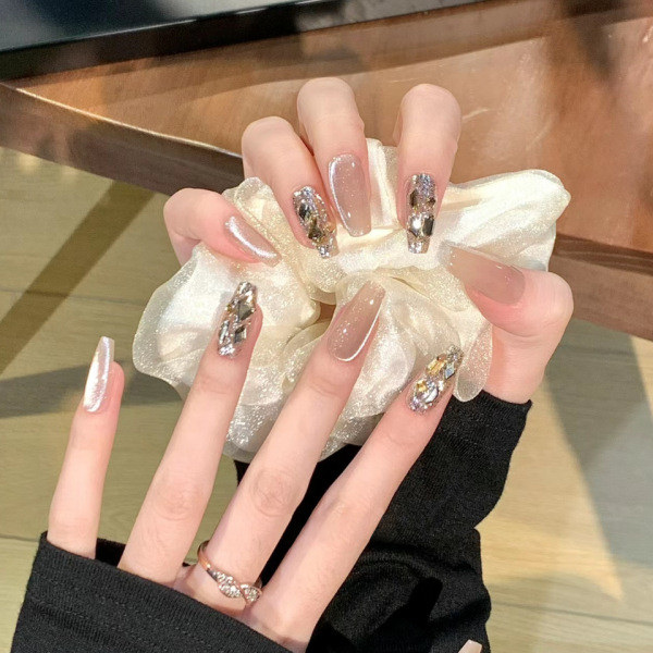 handmade press on nails press on nail set handmade ✷เอสพี-36 แชมเปญคริสตัลเปลือย 10 ชิ้นส่องไฟที่ทํา