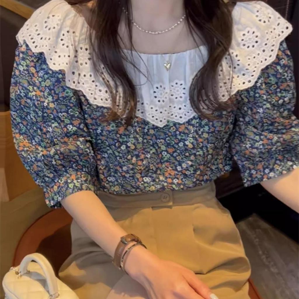 Red Berryเสื้อเชิ้ตแขนสั้นผ้าชีฟองลายดอกไม้ฤดูร้อนสำหรับผู้หญิง สไตล์ฝรั่งเศส เสื้อเชิ้ตแขนสั้น99223