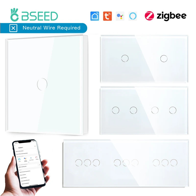 BSEED Zigbee สวิทช์ผนังสมาร์ทหน้าจอสัมผัสสวิตช์ไฟ 1/2/3Gang 1/2/3Way Google Alexa Tuya App ควบคุมไม่
