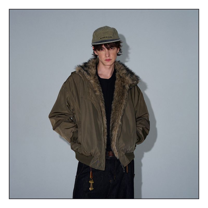 Baolongxin ฤดูหนาวอเมริกัน Retro Aviator เสื้อแจ็คเก็ต Faux Fur Collar, หลวม Fit Unisex Cotton-Padded Coat สําหรับสไตล์ลําลอง - รูปที่ 4