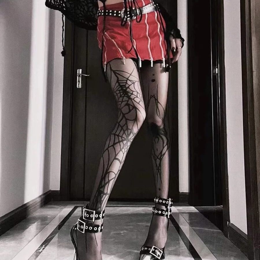 ฮาโลวีน Dark Gothic สไตล์ผ้าไหมสีดําพิมพ์ Spider Web สุภาพสตรี Pantyhose