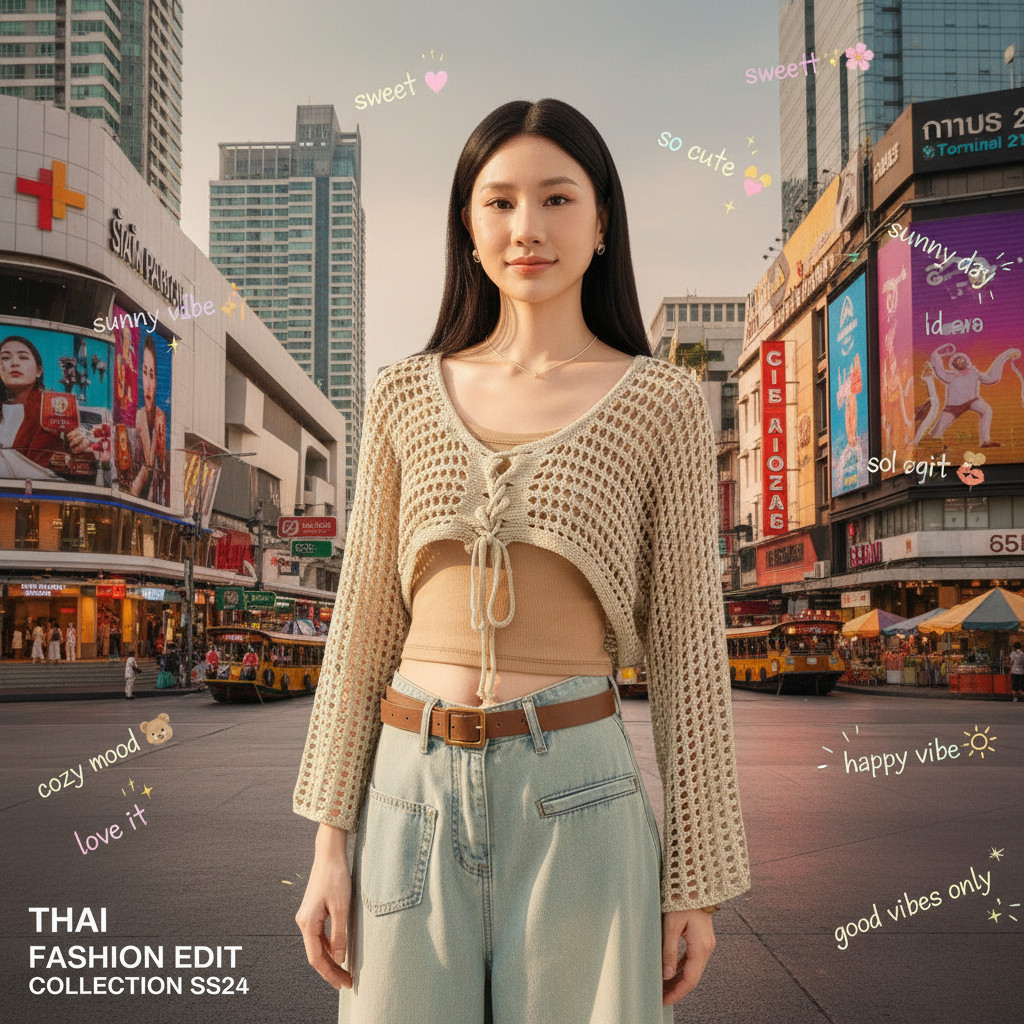 ꕥCatalog Fashionꕥ เสื้อครอปไหมพรมถักถลุ อกมีเชือกผูกไขว้ 5 สี ใส่สลับหน้าหลังได้ ไม่มีซับใน