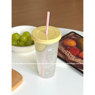 แก้วกาแฟ แก้วเกาหลี ลายใหม่ins มีฝาปิด พร้อมหลอด ขนาด470-700 มล มี 2 ลายให้เลือก พร้อมส่ง