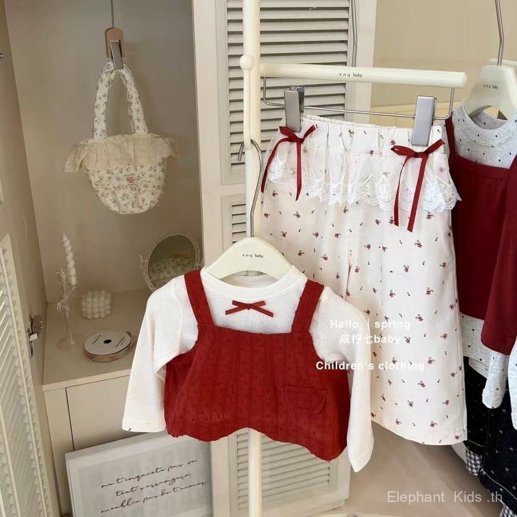 สาวฤดูใบไม้ร่วงสลิงสีแดง จุดต่ําสุด เสื้อด้านบนดอกไม้ตรงกางเกงขากว้างสูทชุดสองชิ้น - รูปที่ 5