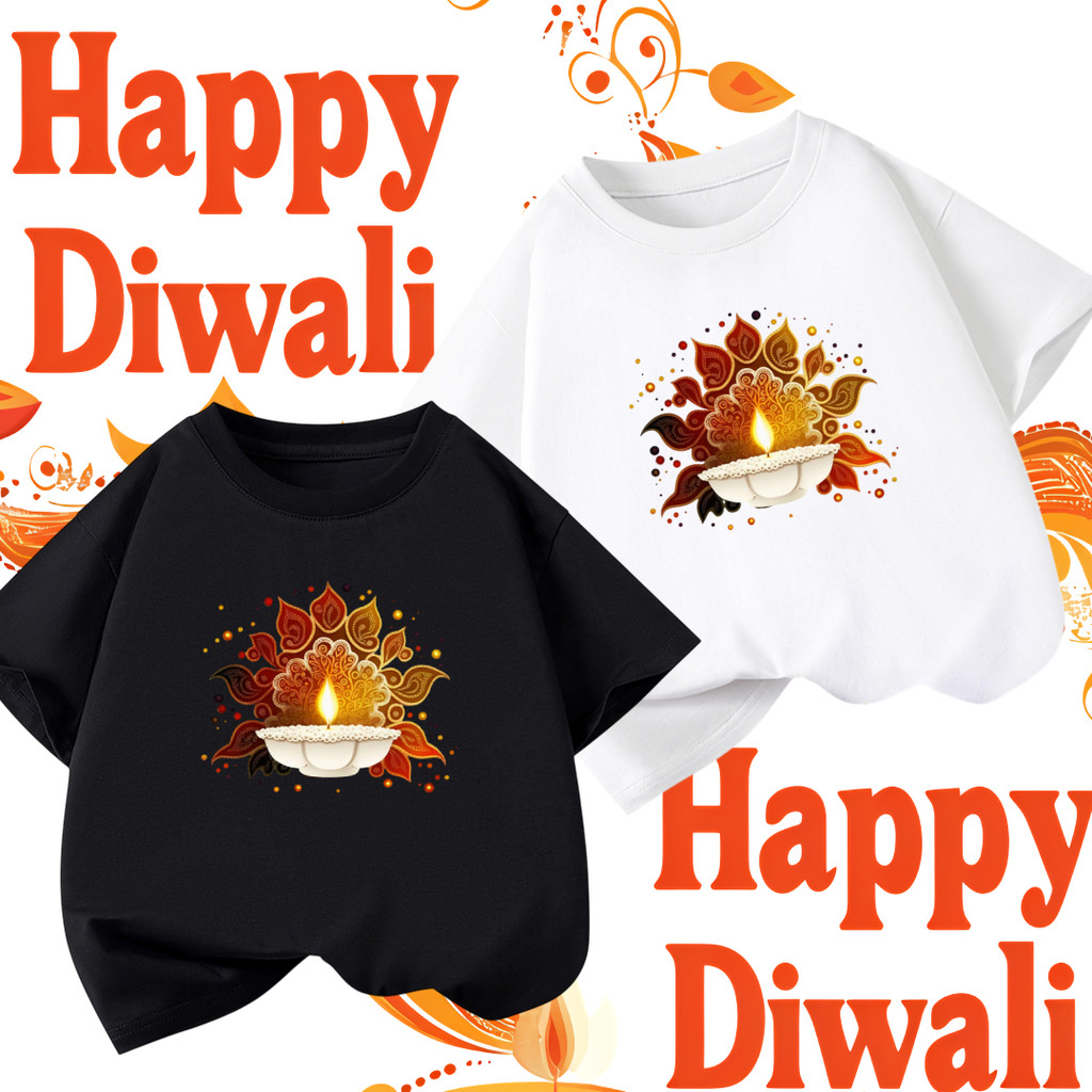 Diwali เสื้อยืด Happy Diwali Festival of Lights เสื้อยืดลําลองแฟชั่น 100% cotton สำหรับผู้ชายและผู้ห