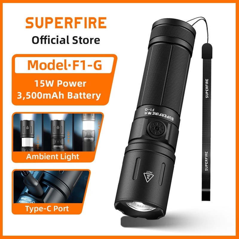 SUPERFIRE F1-G หลอดไฟแคมป์ไฟฉุก LED 15วัตต์ ใหม่ 1100ลูเมน ชาร์จผ่าน USB-C ซูมได้ แสงขาวแสงอุ่น ใช้งานเต็นท์กลางแจ้ง ขายดี