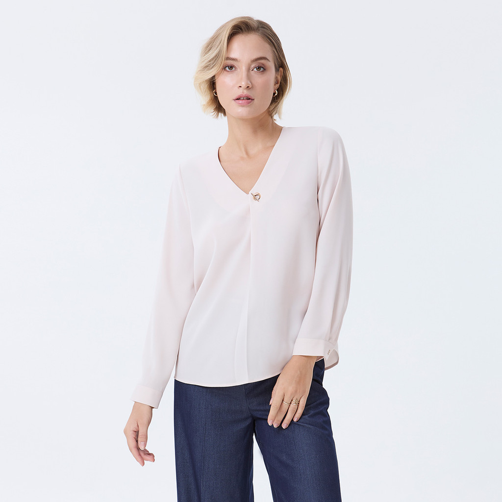 ESPADA เสื้อเบลาส์แขนยาวคอวี ผู้หญิง สีชมพู | Long-sleeved V-neck Blouse | 01120