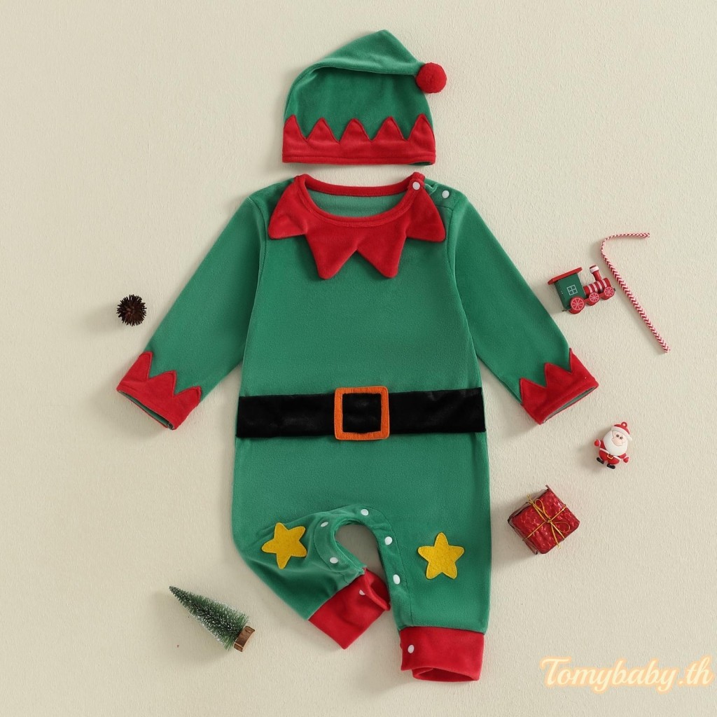 ชุดเด็กทารกคริสต์มาสเอลฟ์สําหรับเด็กชายหญิงดาวคมชัดขนแกะชุดรอมเปอร์แขนยาว+หมวก2ชิ้นชุด