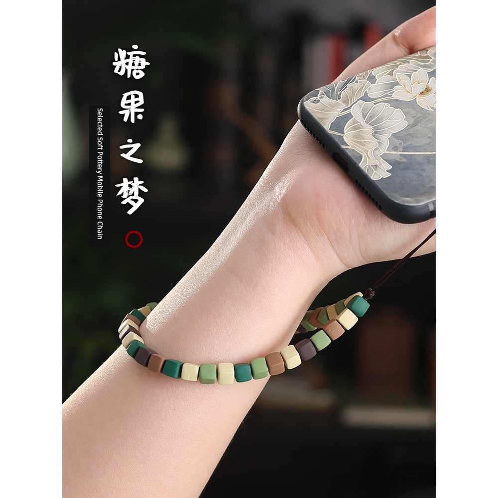 เครื่องปั้นดินเผานุ่มสแควร์โซ่โทรศัพท์มือถือจี้ผู้หญิงน่ารักข้อมือเชือกพวงกุญแจจี้แหวนหัวเข็มขัดเชือ