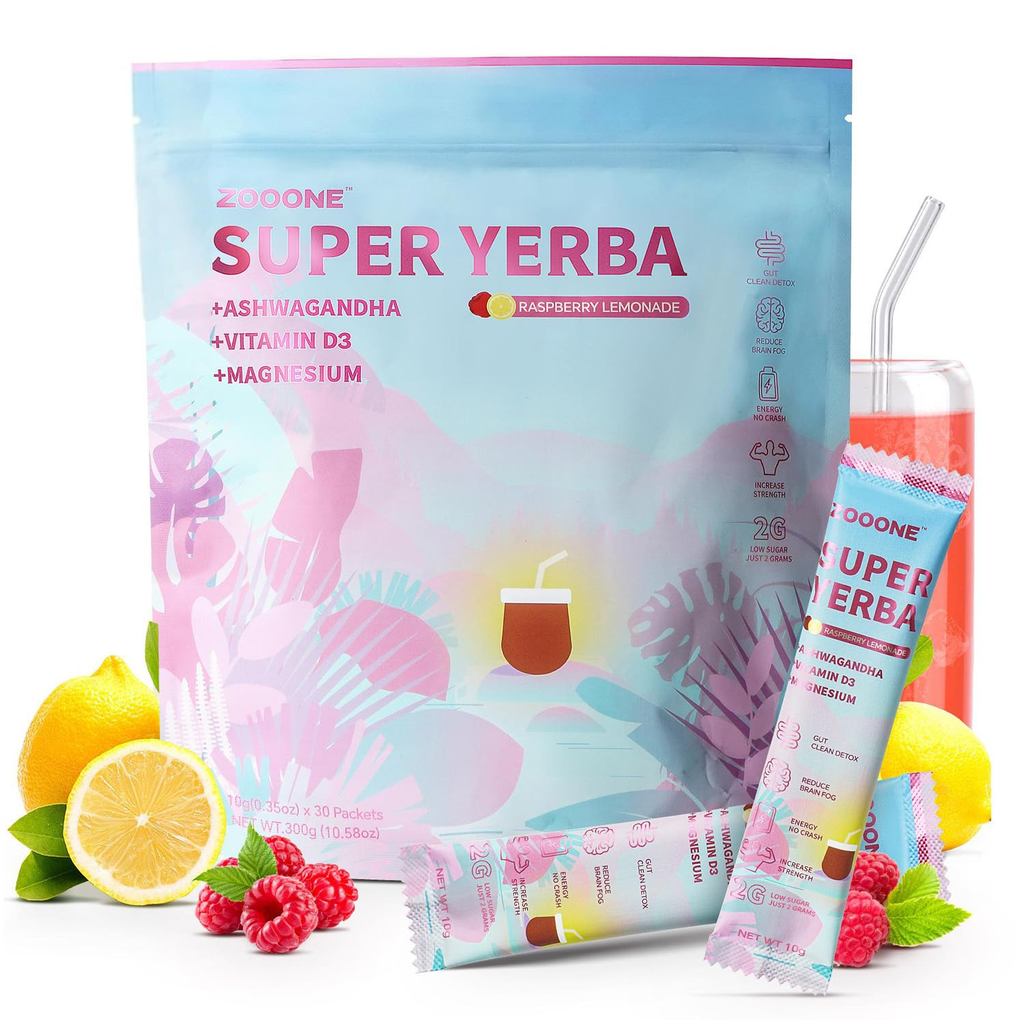 ผงชามาเตสำเร็จรูป ZOOONE Super Yerba Mate 30 ซอง - รสราสเบอร์รี่เลมอนเนด | ให้พลังงานสะอาดและเพิ่มสม