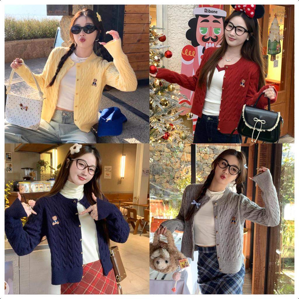 Chili Koko เสื้อสเวตเตอร์คาร์ดิแกนสีเหลืองสำหรับผู้หญิง เสื้อแจ็คเก็ตคาร์ดิแกนถักสีแดงลายปักหมีฤดูใบไม้ร่วงใหม่ X047