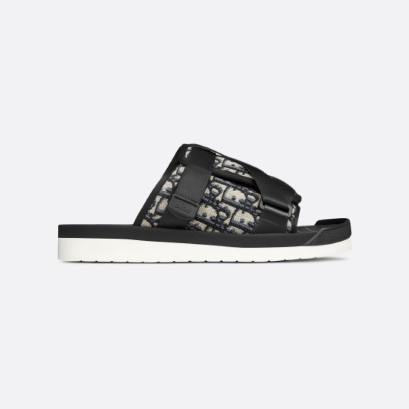 DIOR/DIOR รองเท้าผู้ชายสีดําคลาสสิก Casual Jacquard Twill Nylon Stripes พิมพ์รองเท้าแตะแบนรองเท้าแตะ