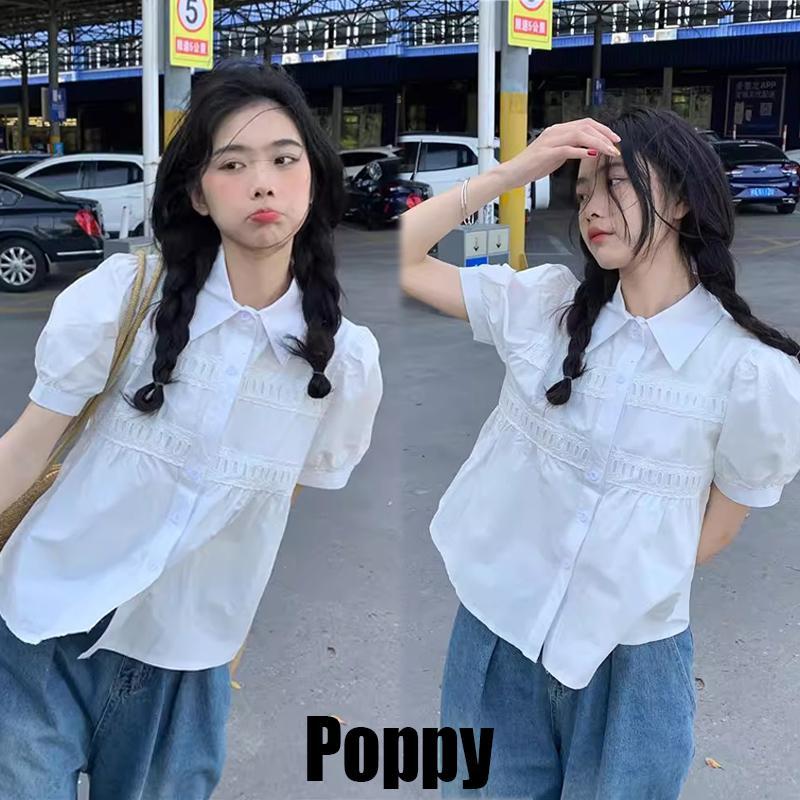 poppy#99222#เสื้อเชิ้ตแขนสั้นสไตล์เกาหลีหวานๆ หน้าร้อน ผู้หญิง คอกลม มี 2 สีให้เลือก