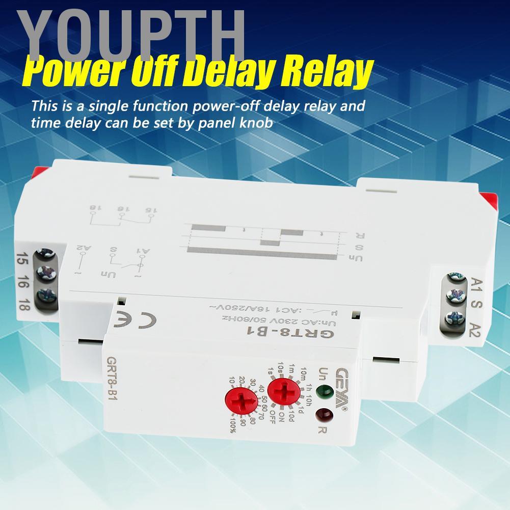 Youpth ปิดหน่วงเวลารีเลย์มินิทนทาน GRT8-B1 ลูกบิดจับเวลาขนาดเล็กสำหรับราง Din ขนาด 35 มม. 0.1S-10 วั