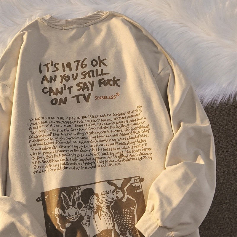 YA2 American Retro Street ตัวอักษรพิมพ์ Hip Hop กระต่ายเสื้อกันหนาว Unisex Drop ไหล่หลวมรอบคอแขนยาว 