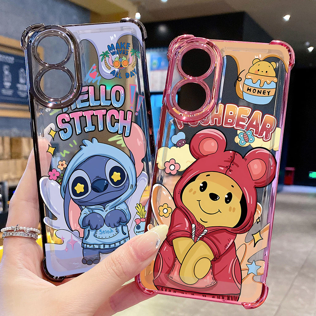 เข้ากันได้กับ OPPO A40 A3X A2 A5 Pro A60 A18 A38 A57 4G A58 5G Pooh Bear Stitch Clear Plating Case Anti Drop Cover FD